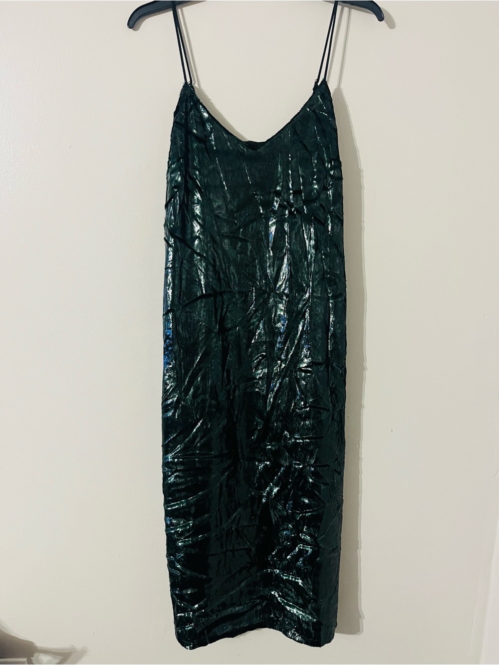 NWT Line & Dot Soft Emerald Green Strappy Velvety Foil Midi Slip Dress Sz S